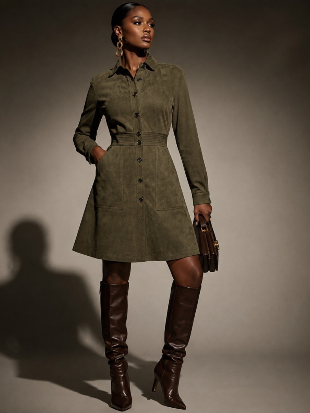 A Loves A Faux Suede Button-Front Midi Shirt Dress in olive green